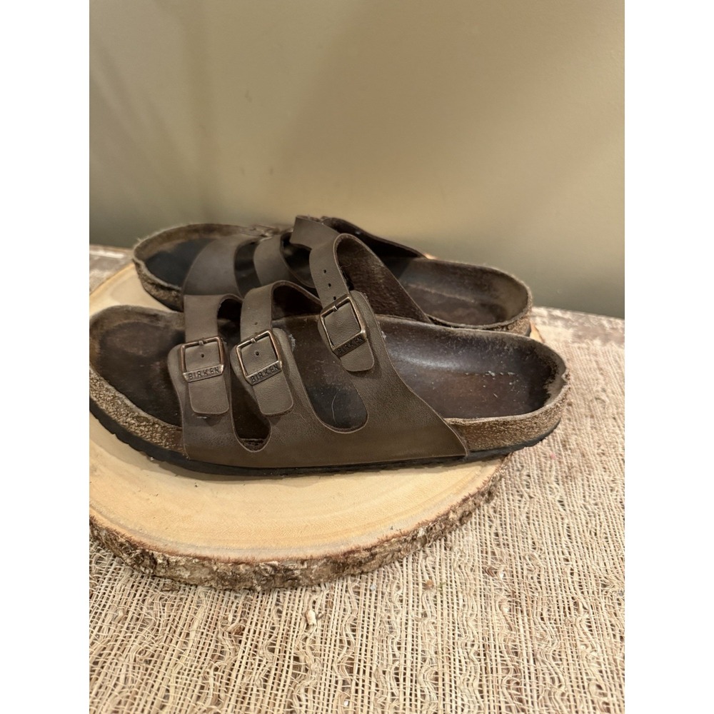 Birkenstock Florida‎ Sandals Women's Sz- 10 Brown 3 Buckle Leather Slip Shoes